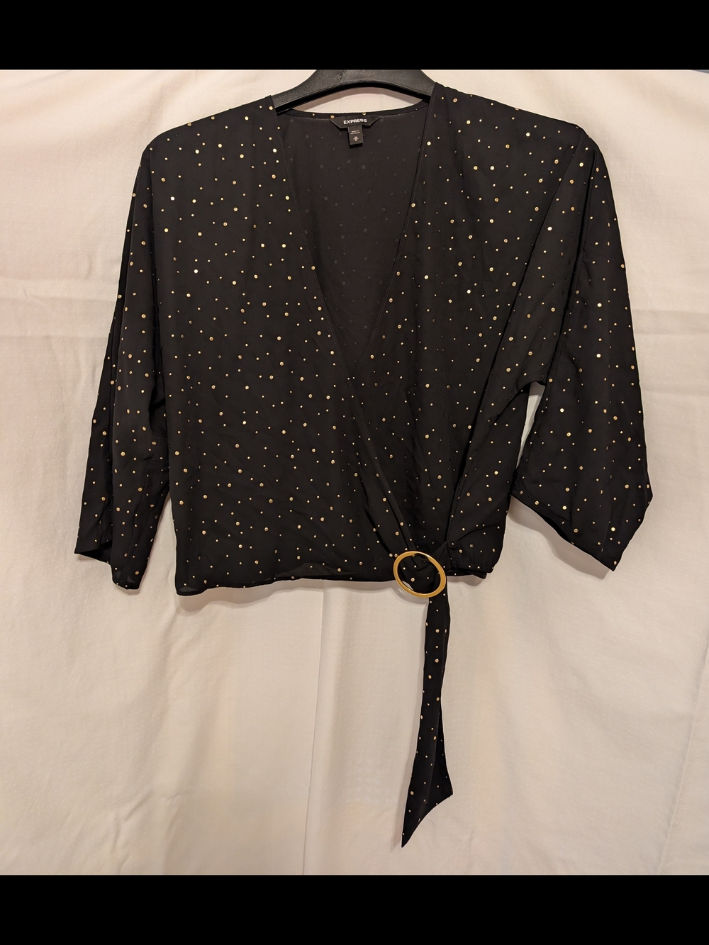 Express Black Wrap Blouse with Gold Dot Accents